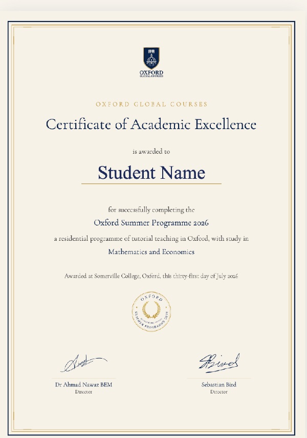 Oxford Summer Academy Certificate of Academic Excellence