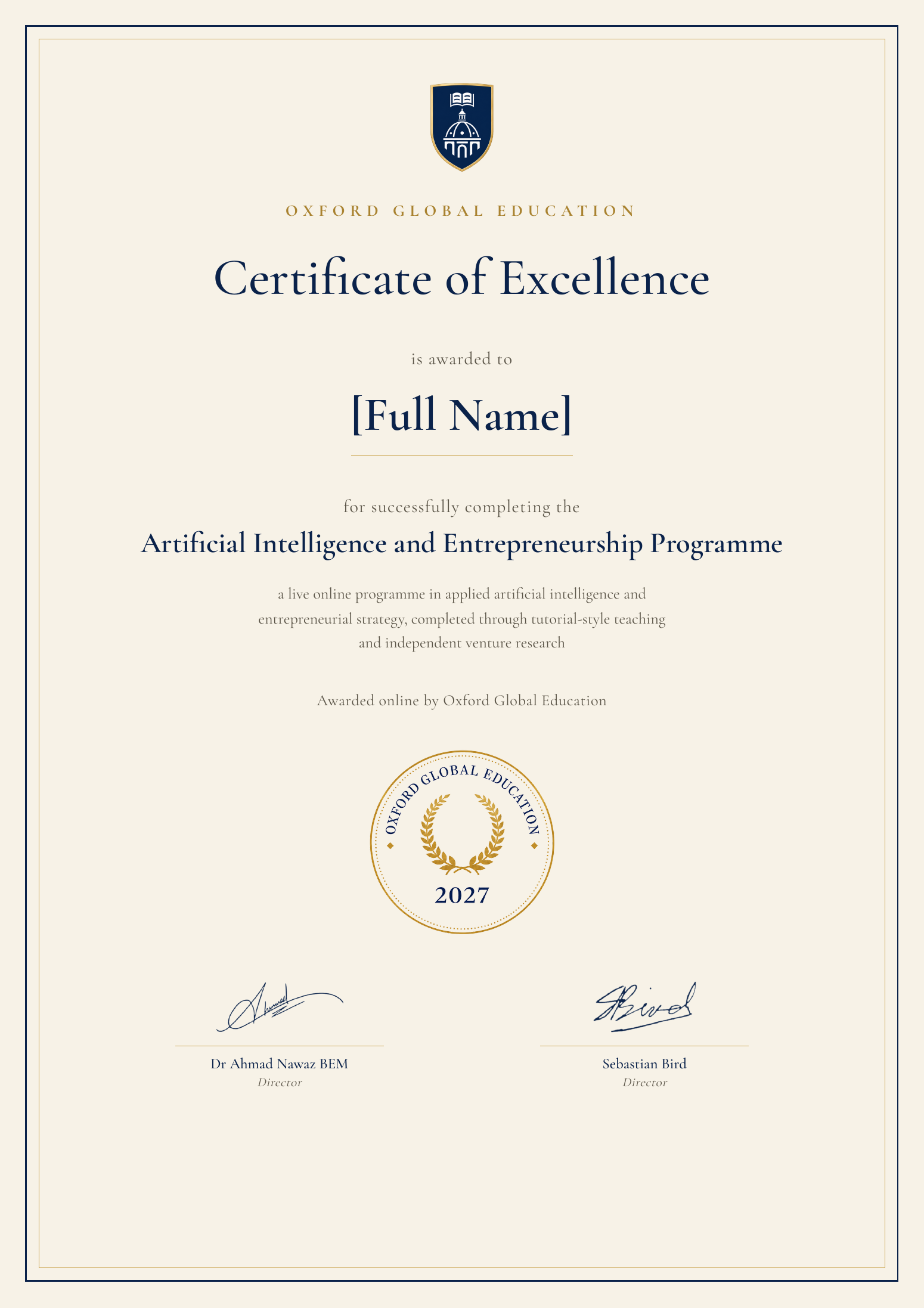 Oxford Global Education Certificate of Excellence for the Artificial Intelligence and Entrepreneurship Programme